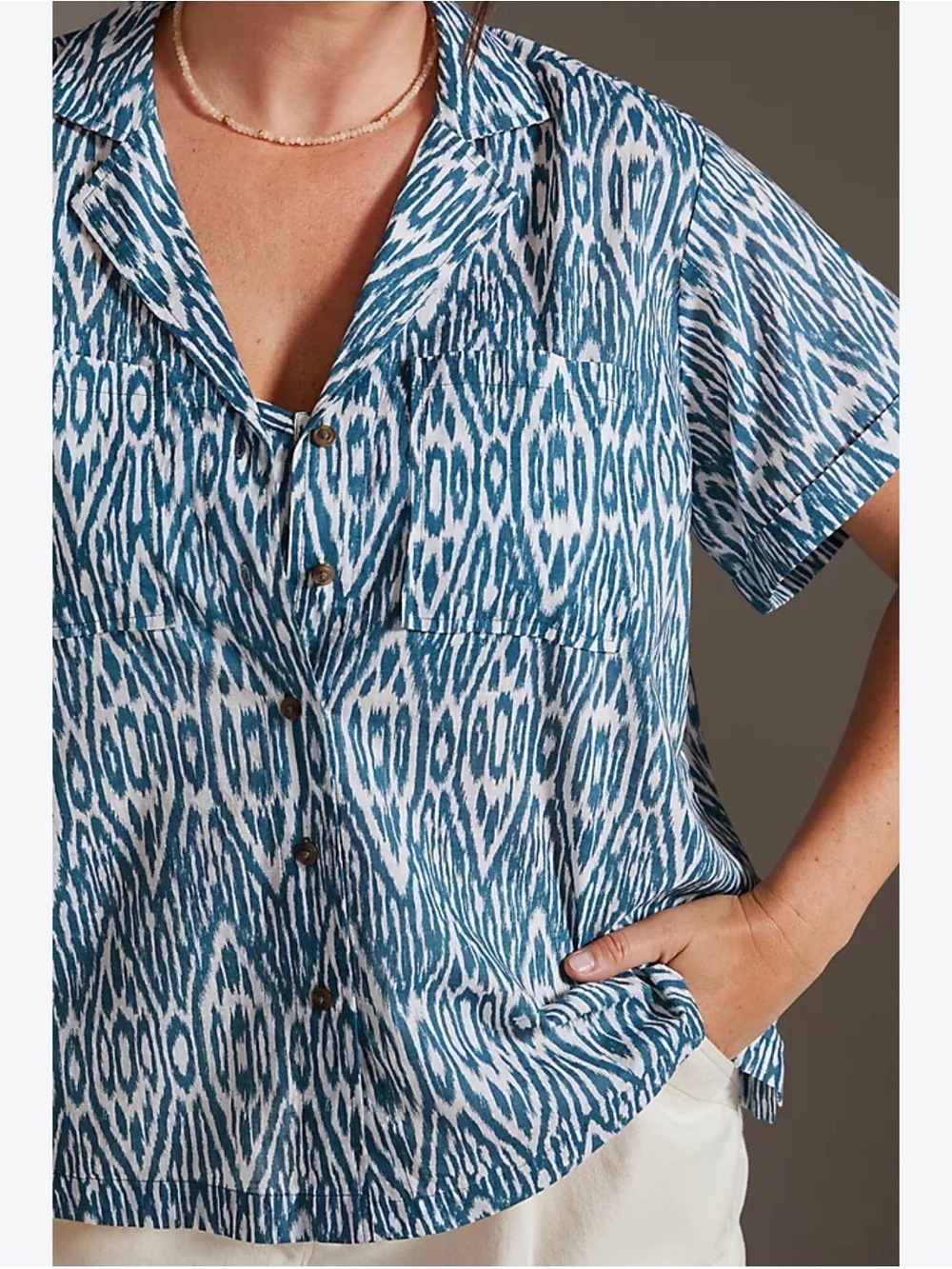 Anthropologie Pilcro Printed Voile Surf Shirt Blue White Size S